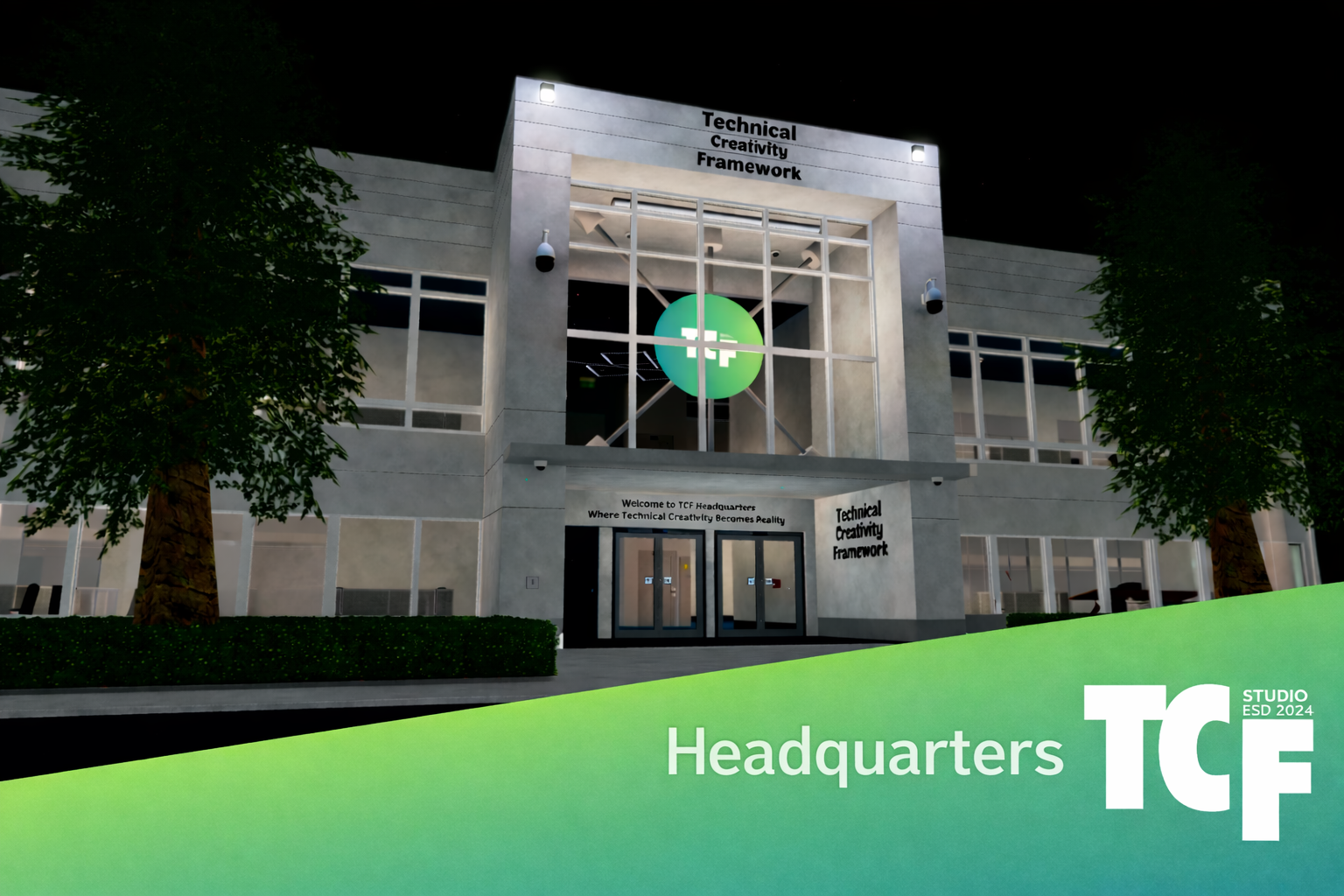 TCF Headquarters building at night